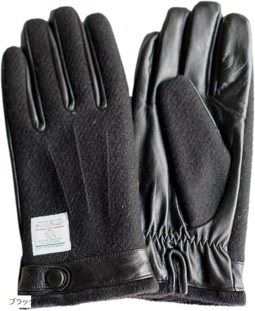 メンズ スマホ対応 ハリスツイード レザー コンビ Gloves 手袋 裏起毛 24cm ケース付き ブラック裾ボタ..