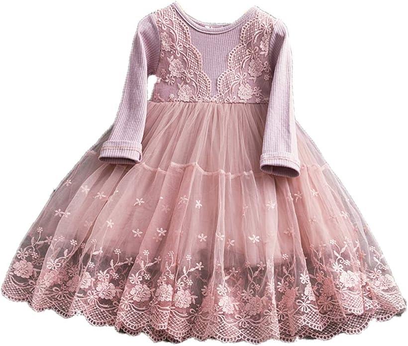女の子 ドレス チュールスカート 長袖 ワンピース 子供 ピンク 120( ピンク, 120)