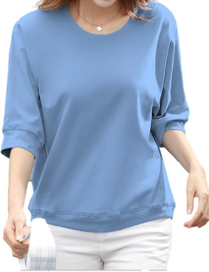Other - フィオリア カットソー Tシャツ 五分袖 ラウンドネック ストレッチ ゆったり トップス レディース FR38 ブルー XL (ブルー, XL)