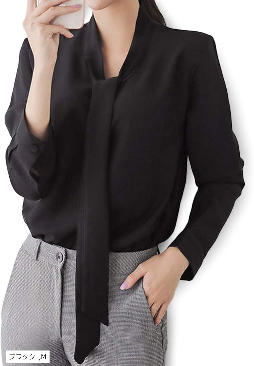 ルクシア フィル レディース ボウタイ ブラウス リボンタイ とろみ 長袖 プルオーバー シャツ オフィス ブラック M (ブラック, M)