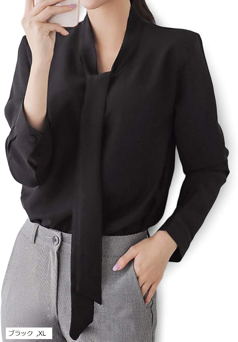 ルクシア フィル レディース ボウタイ ブラウス リボンタイ とろみ 長袖 プルオーバー シャツ オフィス ブラック XL (ブラック, XL)