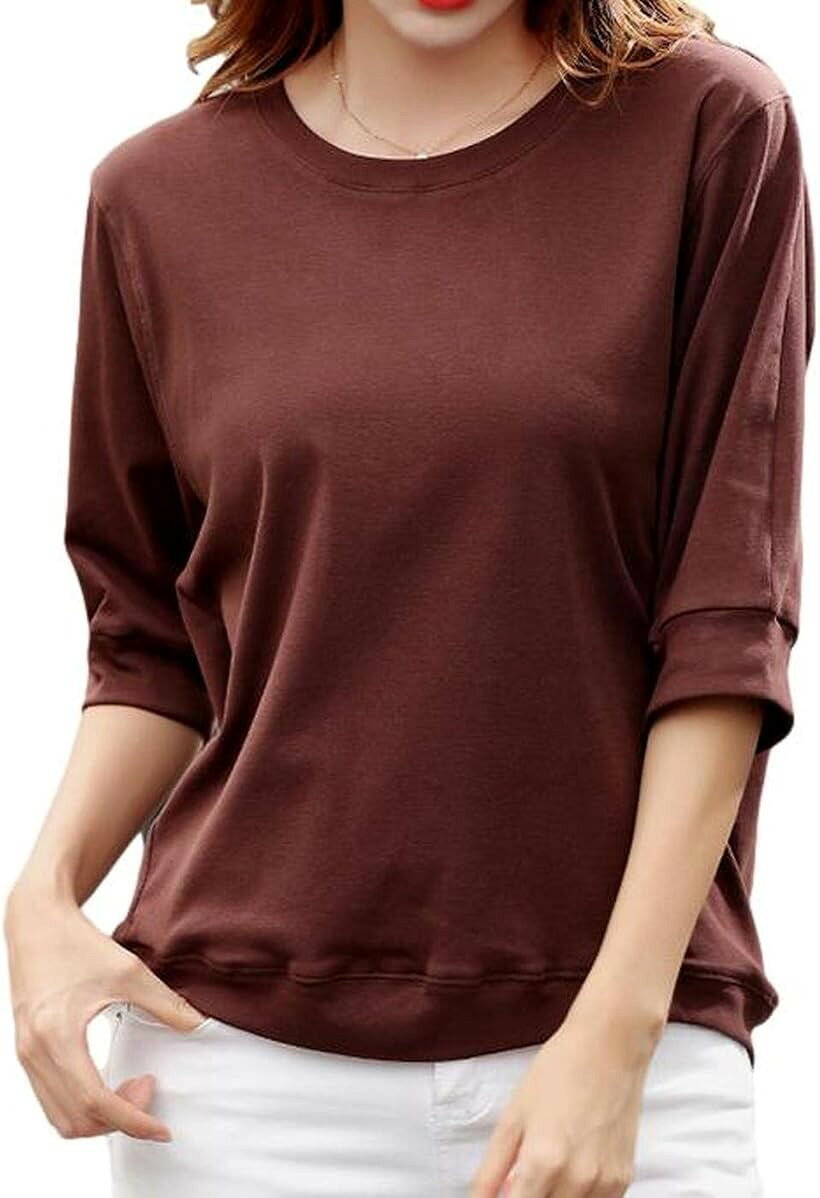 Other - フィオリア カットソー Tシャツ 五分袖 ラウンドネック ストレッチ ゆったり トップス レディース FR38 ブラウン XL (ブラウン, XL)
