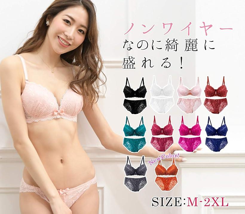 レディース ブラジャー ショーツ 上下セット ノンワイヤー 女性 レース(ブラック＆ホワイト, M)