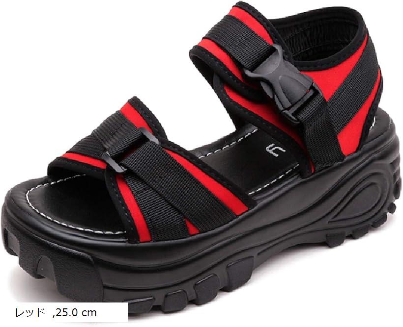 レディース 厚底 サンダル 軽量 歩きやすい コンフォート シューズ スポーツサンダル ストラップ 靴 25.0 cm(レッド, 25.0 cm)