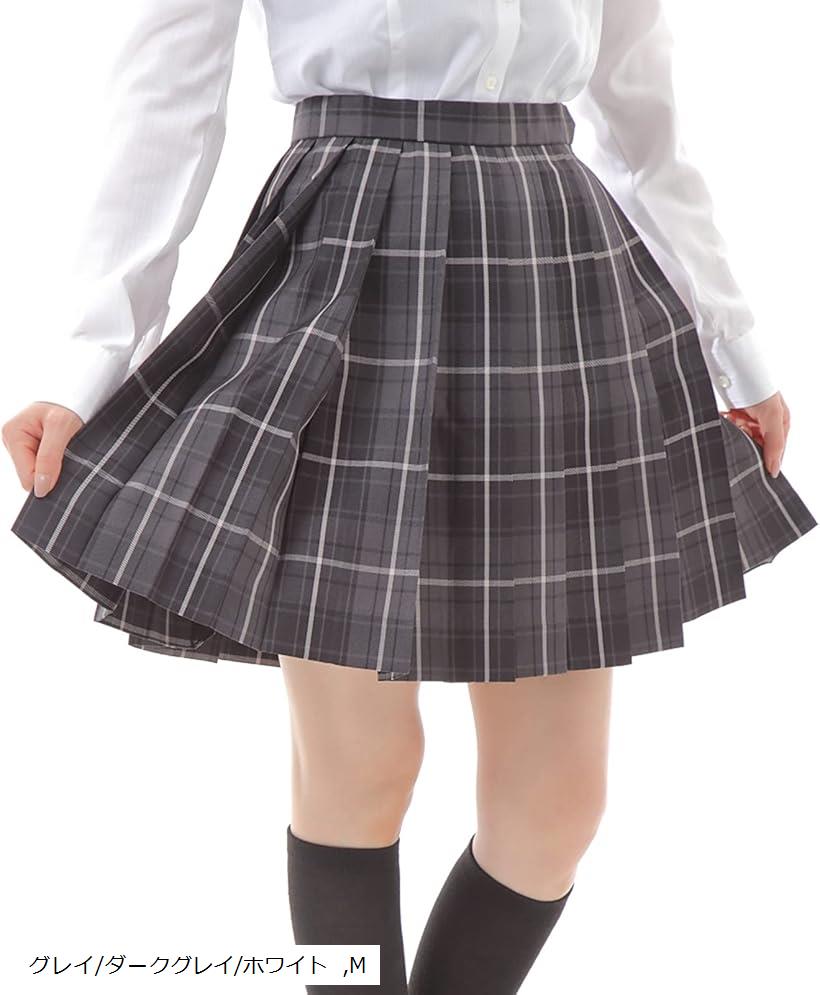 プリーツスカート チェック柄 ミニ スクールスカート 学生服 グレイ/ダークグレイ/ホワイト M (グレイ/ダークグレイ/ホワイト, M)