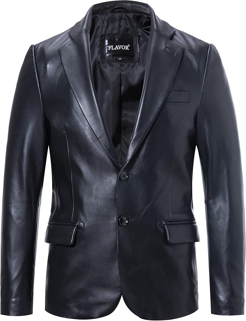 Leather Jacket - レザージャケット 革ジャン 皮ジャン 羊革 本革 スーツ コート スリムフィット テーラード 防風 保温 ソフト メンズ (ブラック, 3L Regular)