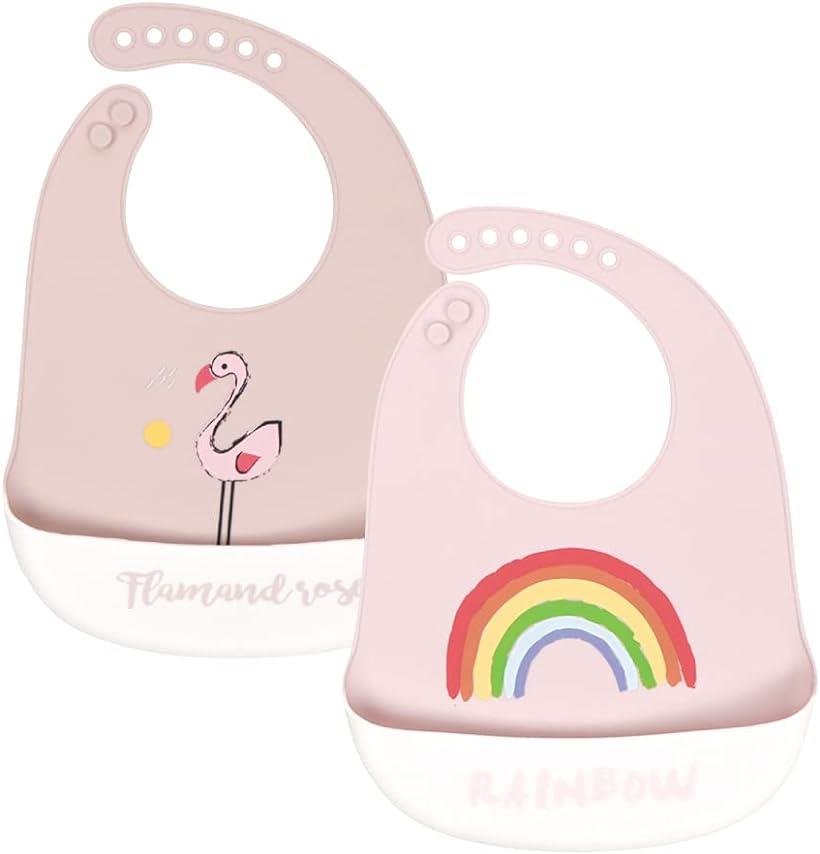 シリコン スタイ 食事 男の子 女の子 2枚 セット 防水 赤ちゃん エプロン 保育園 フラミンゴ 虹( フラミンゴ 虹)