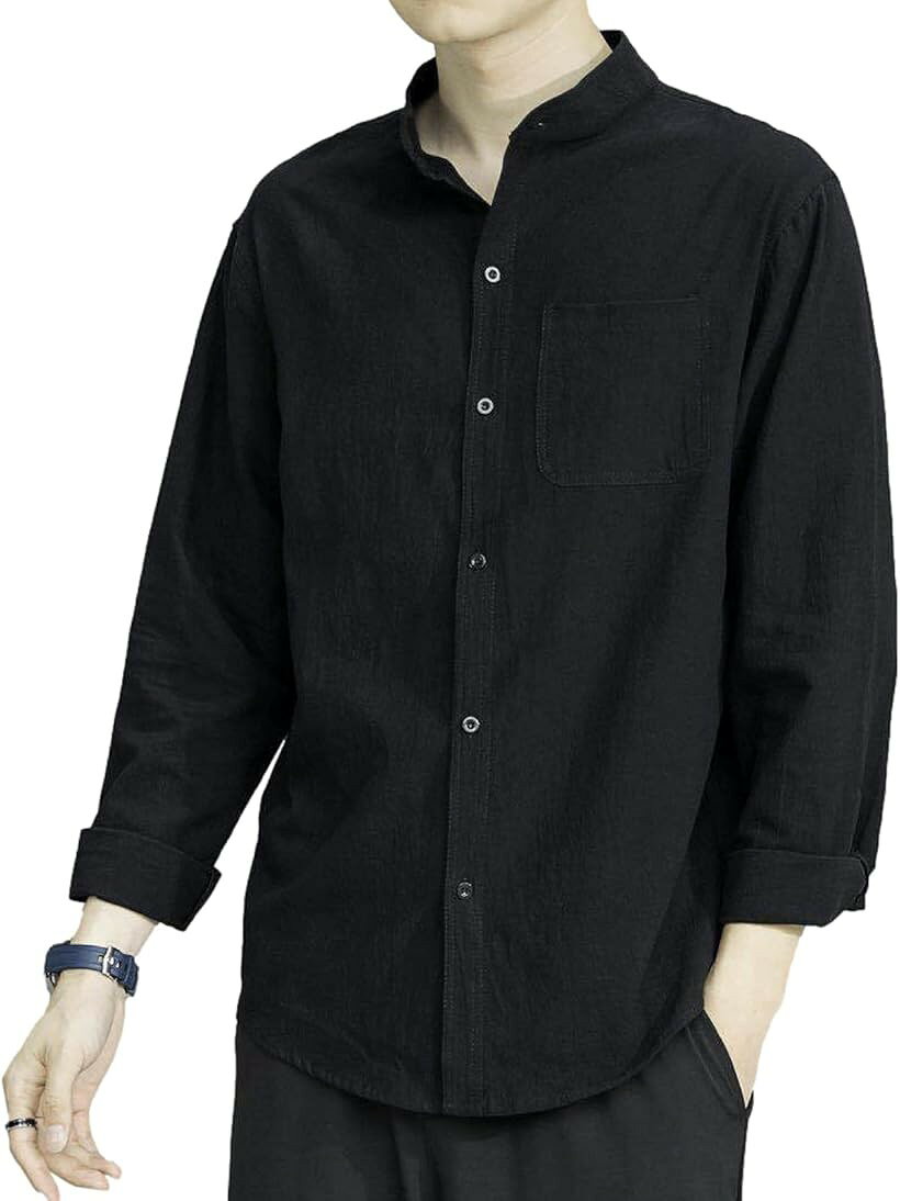 Camisa básica con cuello alto, bastante informal, manga larga, para hombre, negro, M (negro, M)