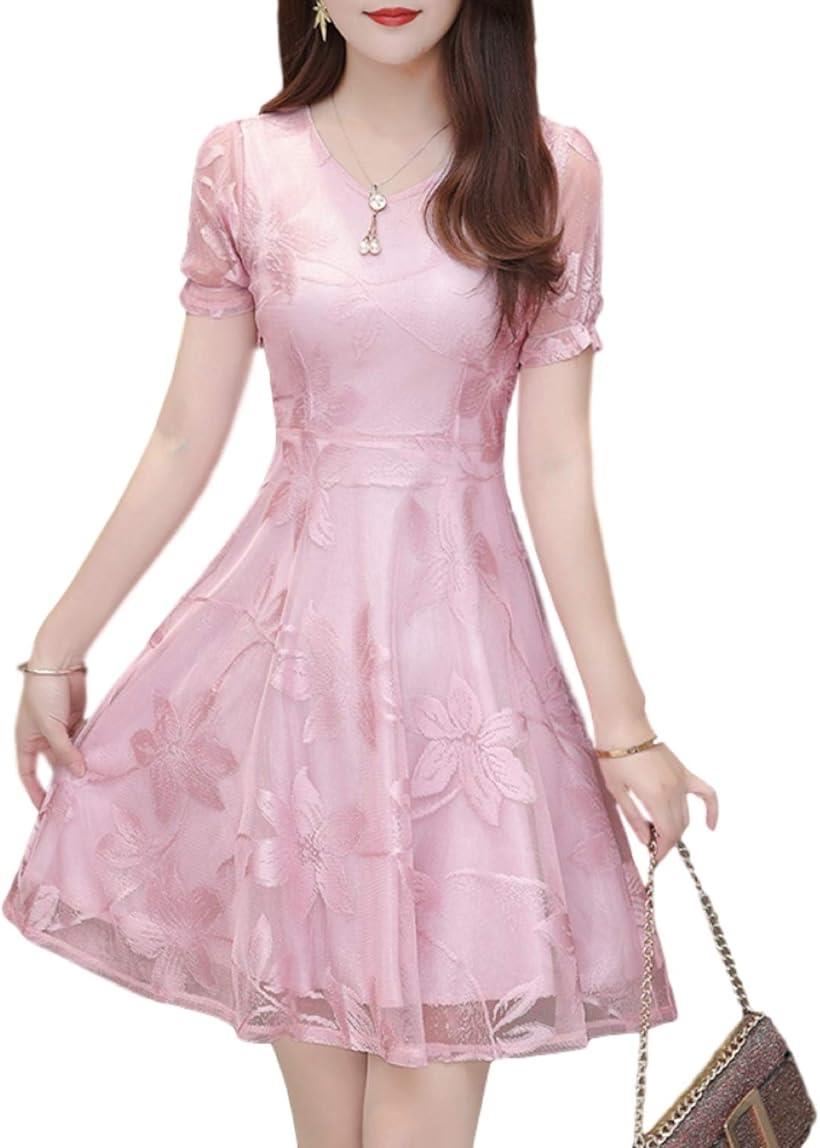 セレクト ワンピース 二次会 結婚式 花柄 パーティー ドレス vネック シースルー ミニ 膝上 レディース フォーマル 衣装(ピンク, M)