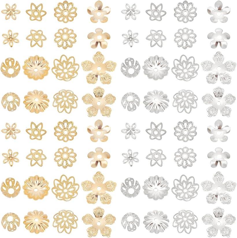 24金メッキ フラワービーズキャップ 64個 8種類 フラワーエンドキャップ ブラス マルチ花弁ビーズキャップベイル エンドチャームキャップスペーサー イヤリング ブレスレット ネックレス ジュエリー クラフト用(ミックスカラー)