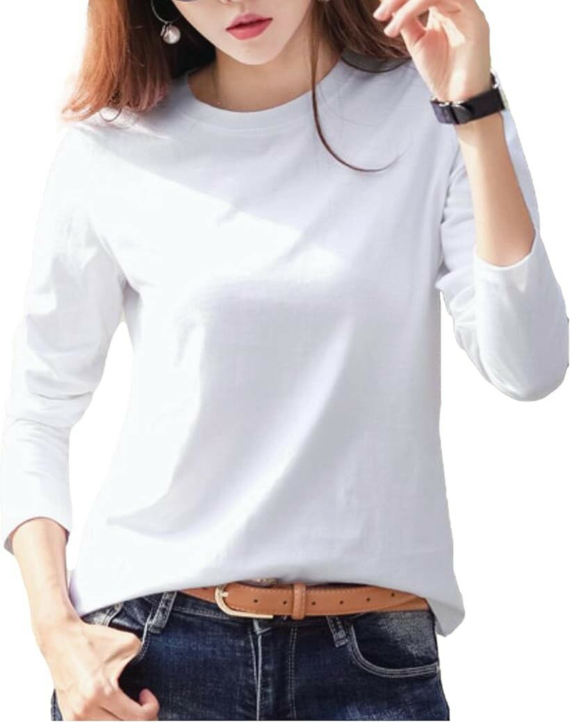 Long-Sleeved - 綿100％で着心地 カットソー 長袖 レディース ロンt 無地 tシャツ コットン Uネック ロンティー 丸首 適度な厚み シンプル トップス やわらかな肌触り (ホワイト, XL)
