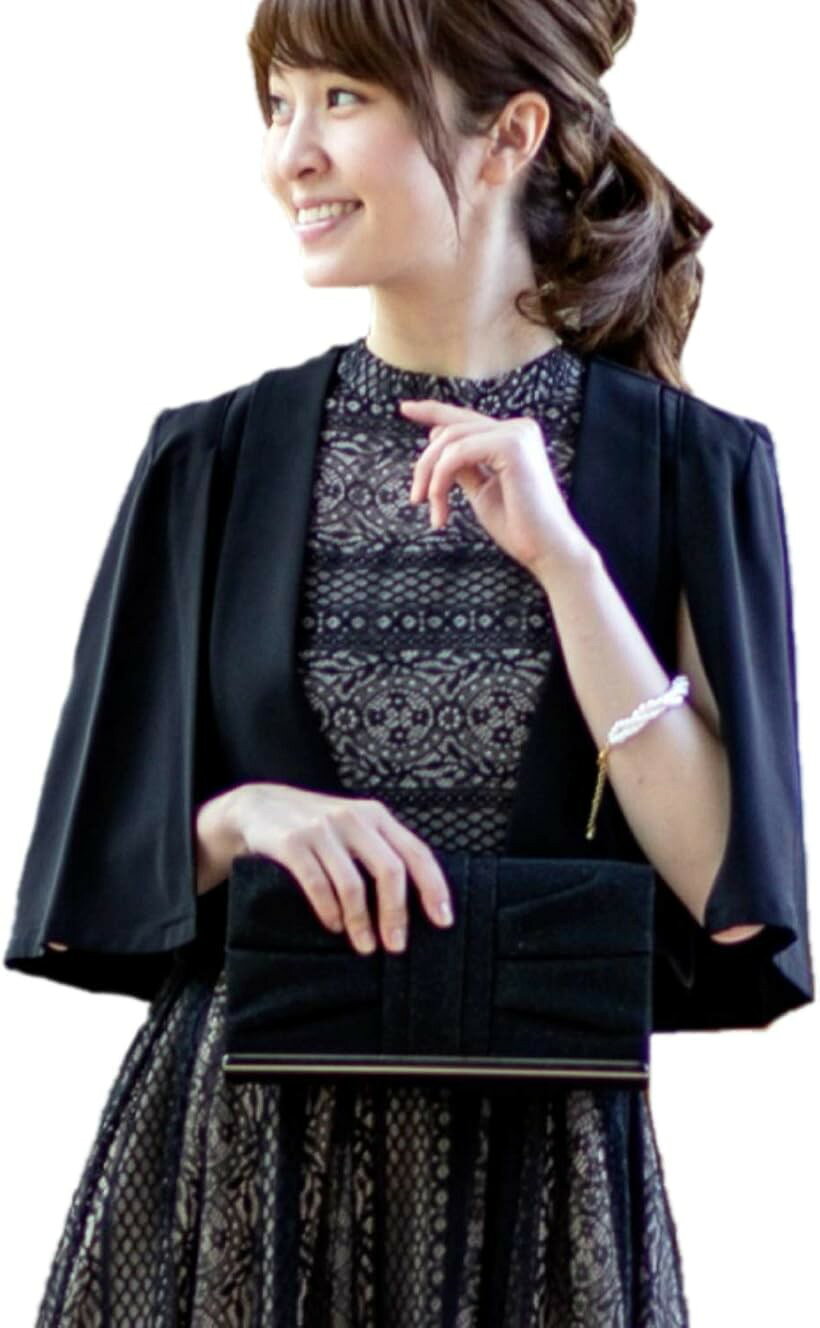 No Collar Jacket - 結婚式 ノーカラージャケット レディース パーティー ボレロ マント 袖口 フォーマル ジャレロ カーディガン 羽織り 体型カバー (A ブラック, S)