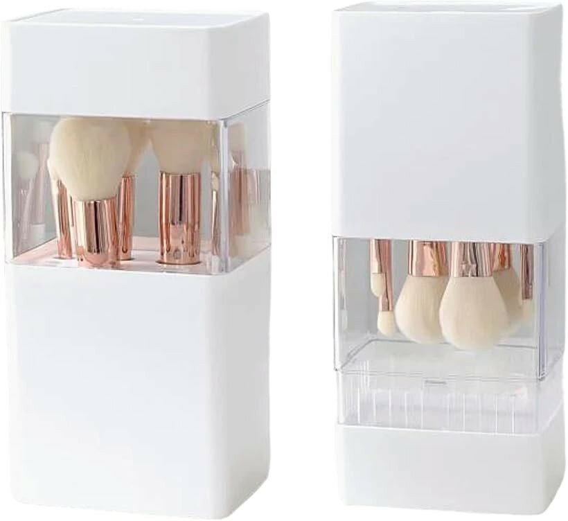 Makeup Boxes - メイクブラシケース メイクブラシスタンド 蓋付き自立 透明窓 12本収納 シリコンホールド 収納しながら乾燥 絵筆・化粧筆対応 (ホワイト, 10.8x8.3x22cm)