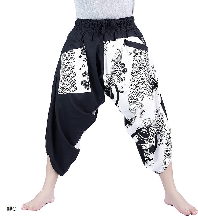 サルエルパンツ 鯉柄 和柄 ワイドパンツ タイパンツ アラジンパンツ ダンスウェア ガウチョ メンズ レディース 鯉C (鯉C, Free Size)