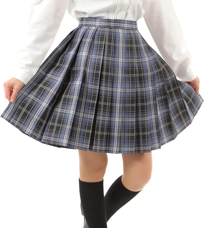 プリーツスカート チェック柄 丈48cm 膝上 スクールスカート 制服 女子高生 e244( ネイビー/ブルー/ホワイトライン, S)