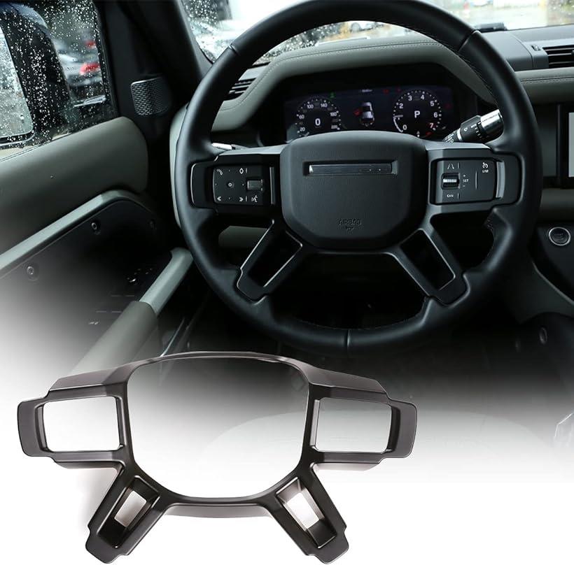 ランドローバーディフェンダー ステアリングホイールフレーム カバー ステアリングホイール装飾フレーム ステアリングホイールデコレーションフレーム ステアリングホイールボタントリム装飾フレーム ABS素材 取付簡単 カー用品(マットブラック)