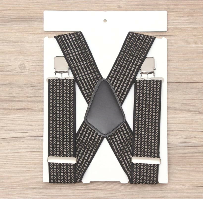 ホリックの【楽天ランキング1位入賞】サスペンダー メンズサスペンダー X型50mm 長さ最大110cm 男女兼用 4クリップ (黒地に生成りでXダイヤ柄, 5cm幅　長さ最大時110cm)｜アングル2