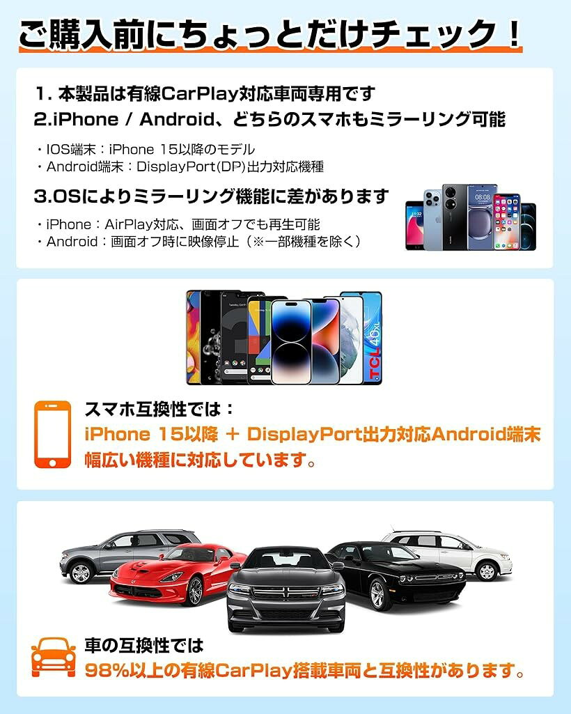 Mirror Cast 次世代モデル ミラーリング＆CarPlayワイヤレスアダプター スマホ画面...