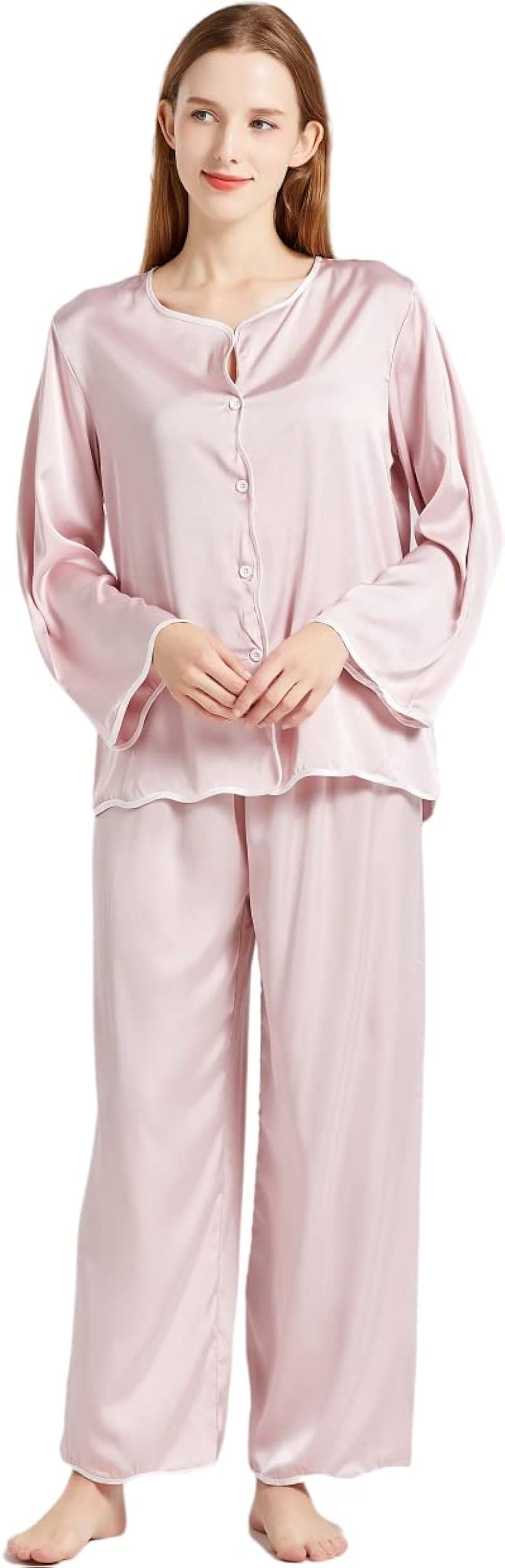 母の日 レディース パジャマ シルク サテン 上下セット ルームウェア 部屋着 長袖 肌に優しい 前開き ピンクXL( ピンク, XL)
