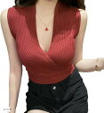 ニット レディース セクシー ノースリーブ セーター Vネック トップス 胸元 リブ カシュクール カットソー(レッド, Free Size)
