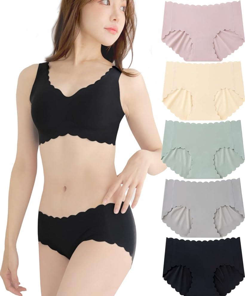 3シームレスショーツ パンツ レディース 女性用 下着 無縫製 スカラップ 5枚セット L 5色組 (5色組, L)