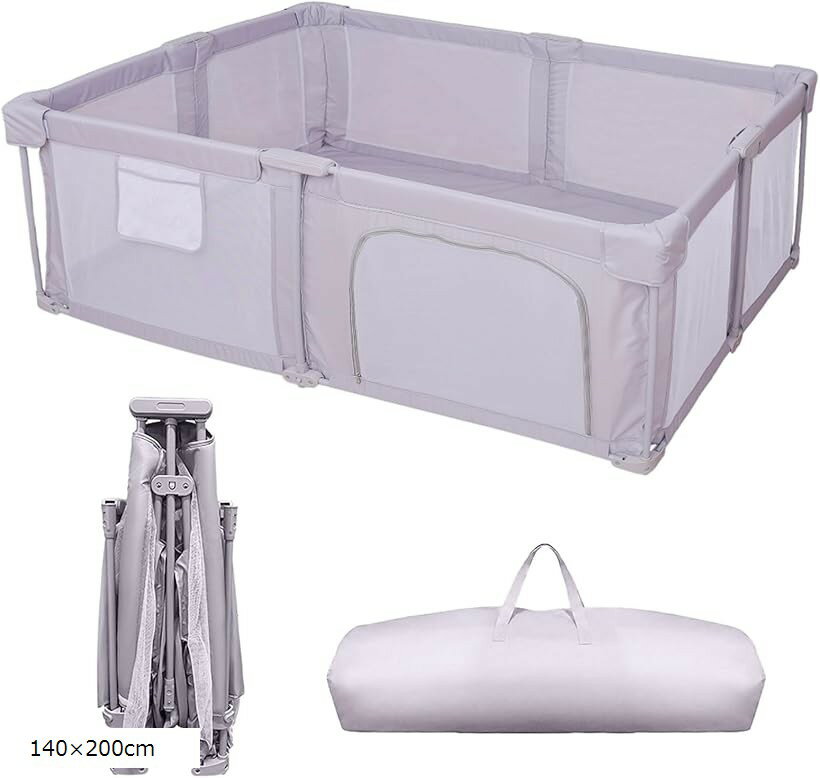 Hugmuu ハグムー ベビーサークル 折りたたみ メッシュ ベビーフェンス 軽量 折畳み プレイヤード 組立簡単 大きめ 持ち運び 長方形 コンパクト (グレー, 140x200cm)