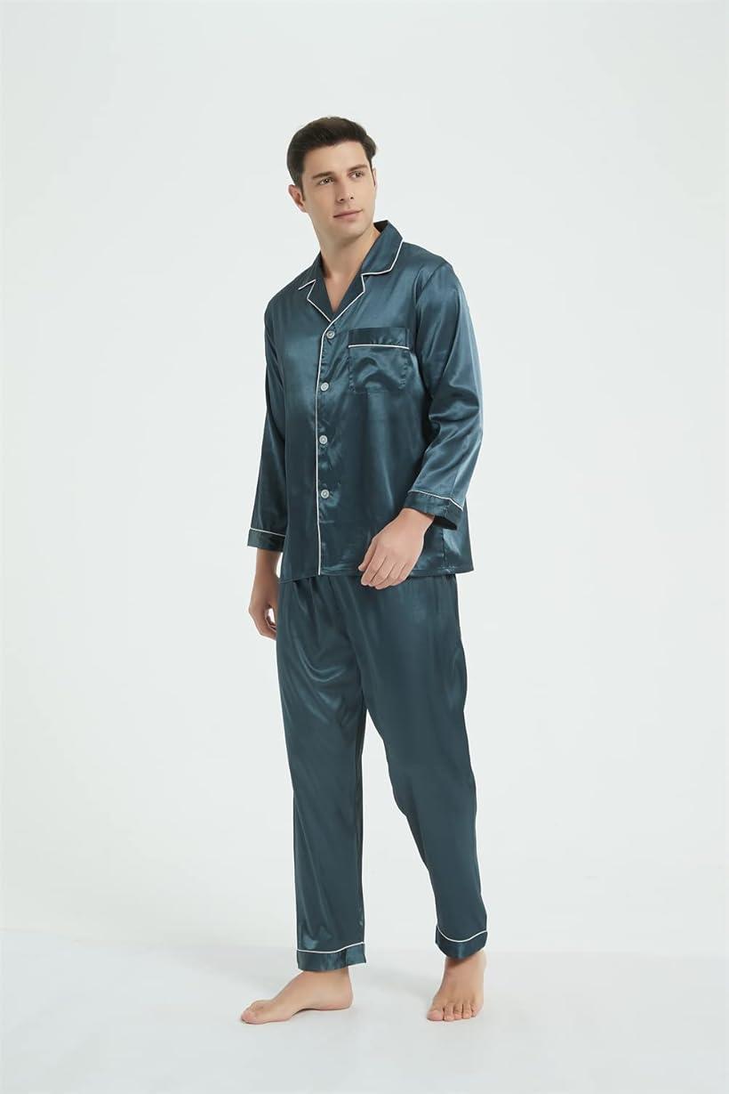 メンズ パジャマ シルク サテン 上下セット ルームウェア 部屋着 長袖 前開き(ダークグリーン, XL)