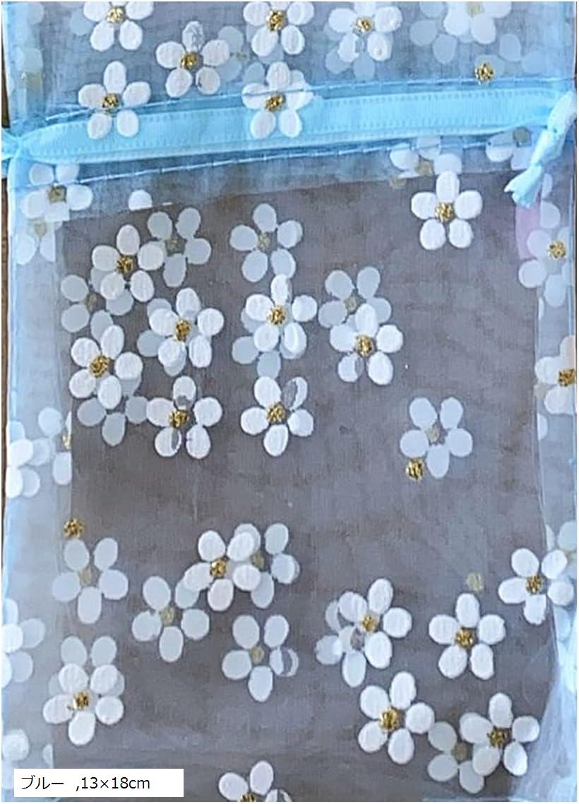 ラッピング 巾着袋 10枚 オーガンジー 花柄 ギフト 包装 13x18cm(ブルー, 13x18cm)