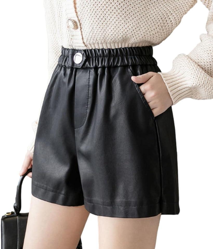 スロウアンドメロウショートパンツ レザー調 Aライン レディース L (ブラック, L)