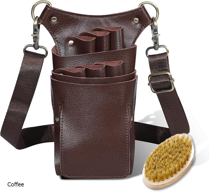 シザーケース 本革 6丁 豚毛ブラシ 説明書付き (Coffee)