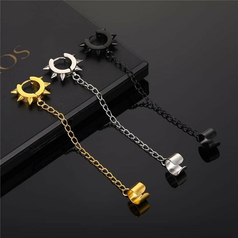 ピアス イヤークリップ チェーン付 スパイク ニードル リング メンズ 人気 片耳 お洒落 シルバー ブラック ゴールド (ブラック) 3