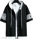 ブランクブラン パーカー 半袖 ジップアップ フード付き メンズ(ブラック, 3XL)