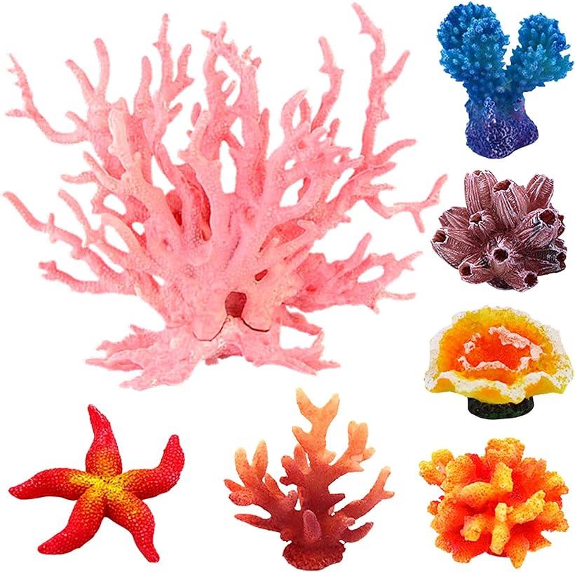 水槽を華やかに彩る アクアリウム オブジェ 珊瑚 大小7体セット( ピンク＋6個セット)