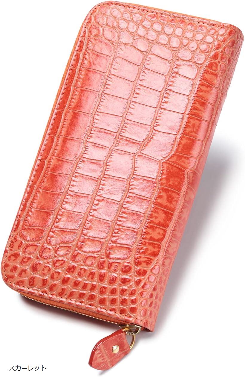 クロコダイル 長財布 型押し メンズ ラウンドファスナー 牛皮(スカーレット)