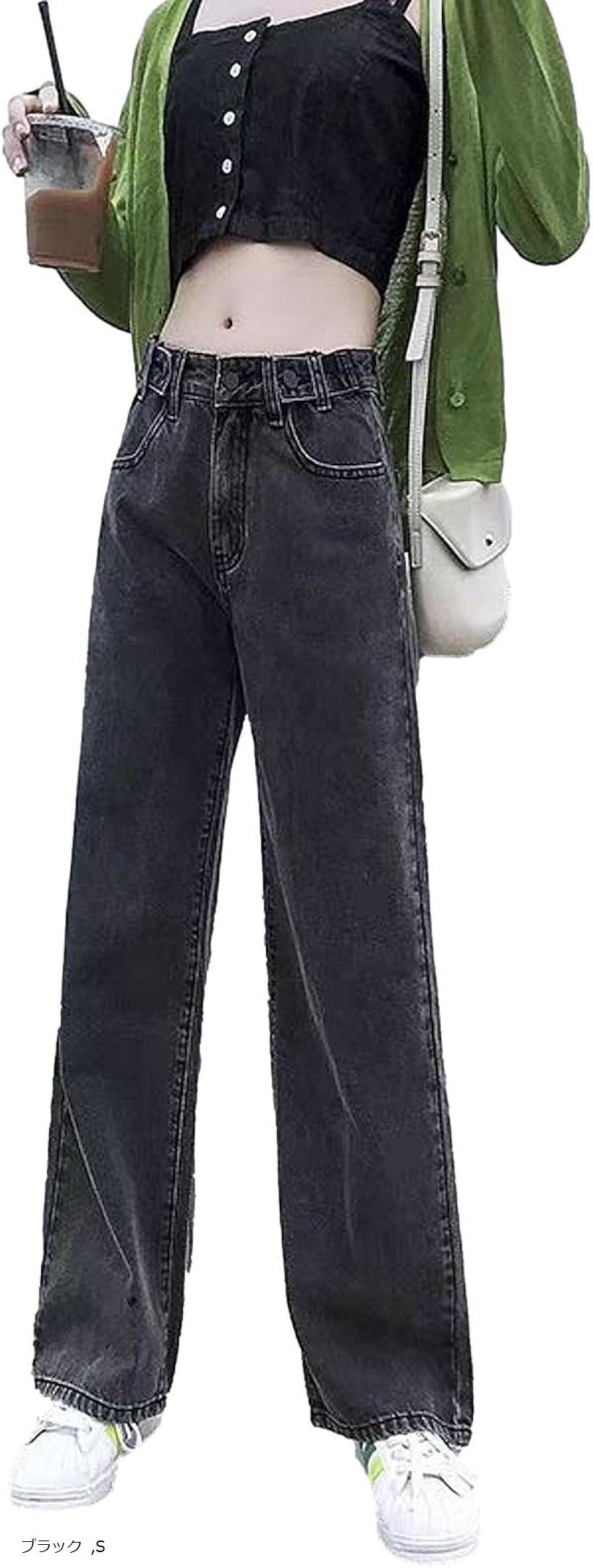 カナエルン ストレート デニム レディース ジーンズ テーパード カーブ Gパン オールシーズン(ブラック, S)