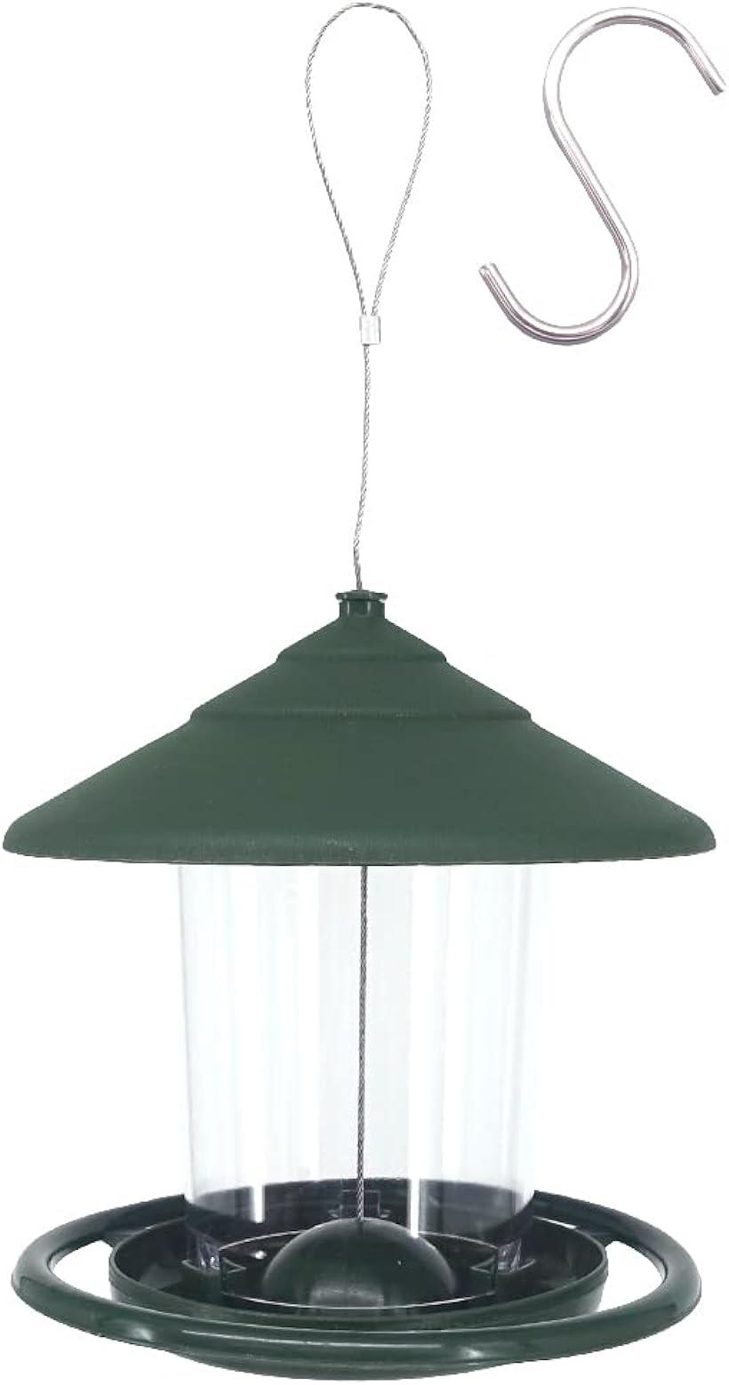 バードフィーダー 鳥用 給餌器 吊り下げ 取り付け簡単 フック 屋根付き プラスチック 大容量(グリーン)