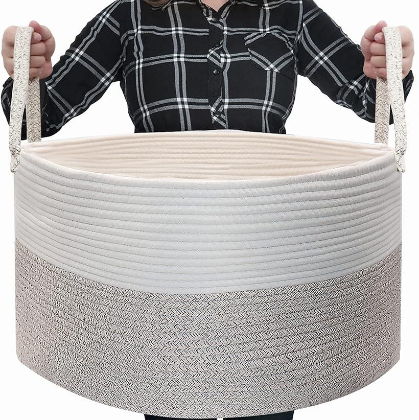 大型収納バスケット コットン ロープ 織り 大容量83L 洗濯かご ランドリーバスケット-直径55x高さ35cm キッズ 服 赤ちゃん部屋 子供のおもちゃ ストレージ ハンドル付き ホーム グレー( グレー, XXL-55x35CM)