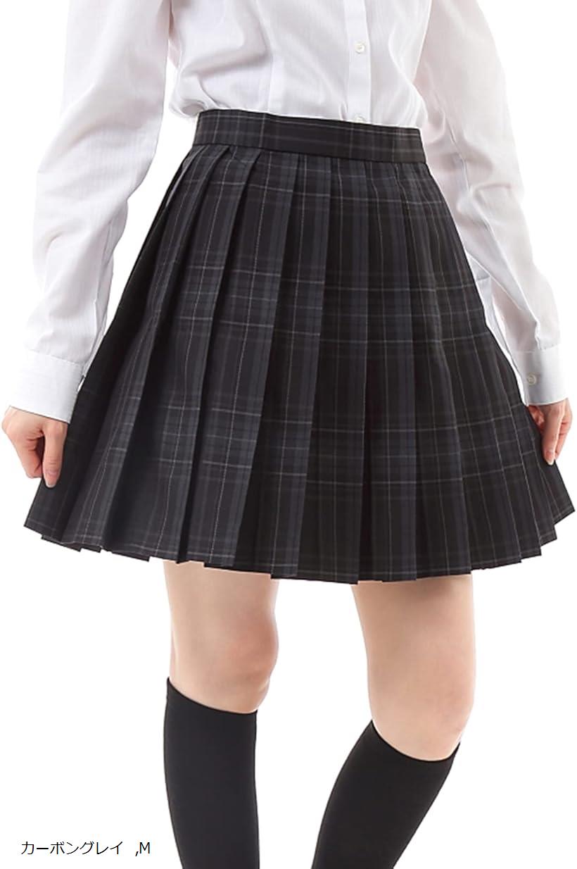 プリーツスカート チェック柄 ミニ スクールスカート 学生服(カーボングレイ, M)