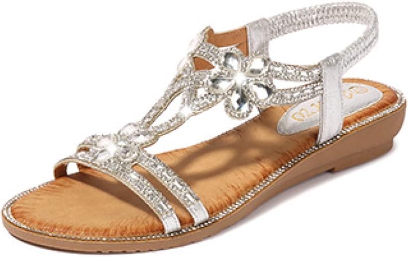 ビジュー サンダル レディース フラットヒール きらきら ラインストーン ぺったんこ ローヒール (シルバー, 23.0 cm)