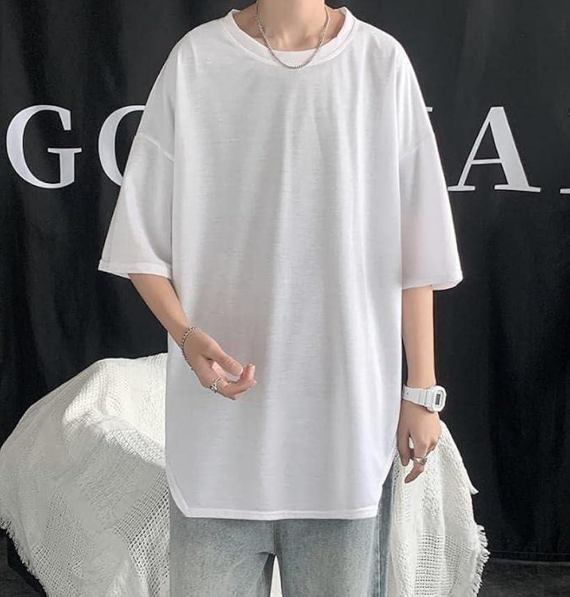 エンプティオ 半袖 シャツ ビッグシルエット オーバーサイズ 丈長 メンズ アウトドア ロングスリーブ 襟なし ストリート系 丸首(シンプルホワイト, XL)