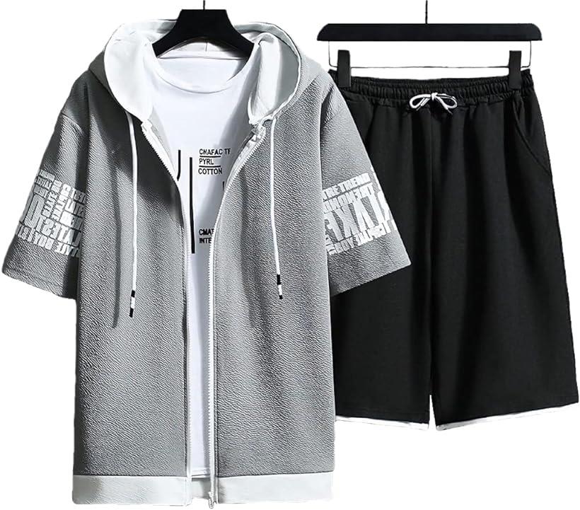 エンプティオ ストリート フルジップ 半袖 パーカー ハーフパンツ お洒落 上下セット メンズ (アイスグレー, 2XL)