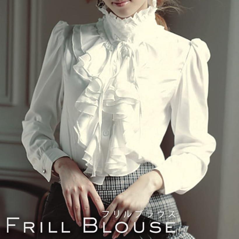 レディース ブラウス フリルブラウス リボン付き 詰襟 ホワイト シャツ トップス 長袖 シフォン ハイネック 無地 カジュアル フォーマル(白, 2XL)