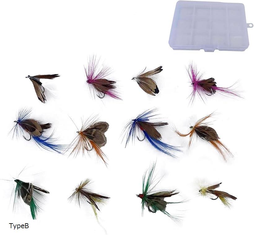 テンカラ 毛鉤 12個セット 収納ケース付 完成フライ 渓流釣り 疑似餌 フライフィッシング アユ イワナ ..