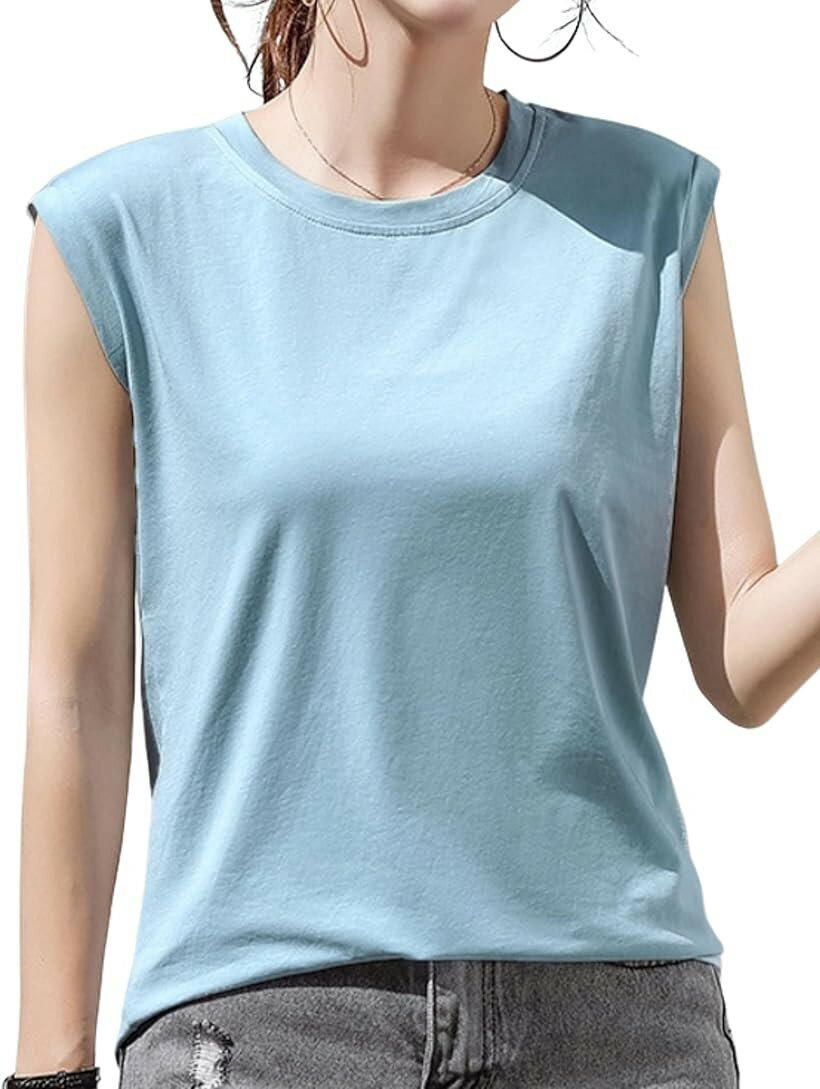Tank Tops - さらっと快適な着心地 ノースリーブ レディース tシャツ 無地 タンクトップ 速乾 涼しい 袖なし ストレッチ ラウンドネック フレンチスリーブ 夏 トップス しわになりにくい (ライトブルー, M)