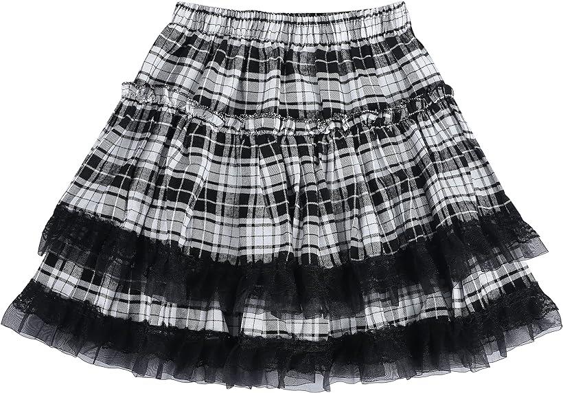 フリフリ ウエストゴム スカート フリーサイズ(B/白黒チェック, Free Size)