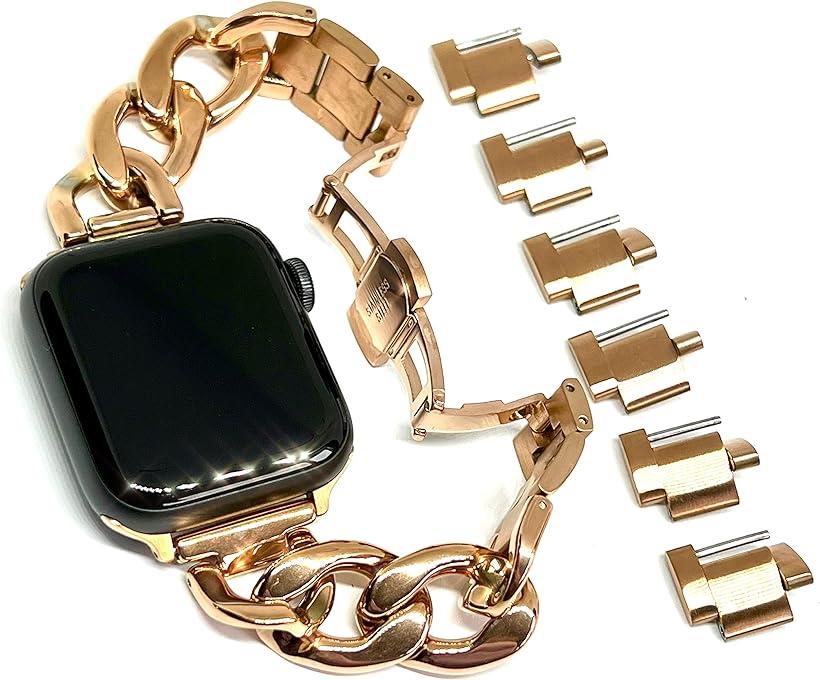 Apple Watch チェーンベルト シルバー/ステンレス コマ調整器不要 バタフライバックル( pinkgold, 42/44/45mm)