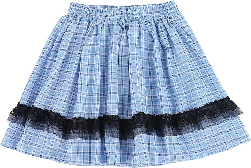 フリフリ ウエストゴム スカート フリーサイズ(C/ブルーチェック, Free Size)