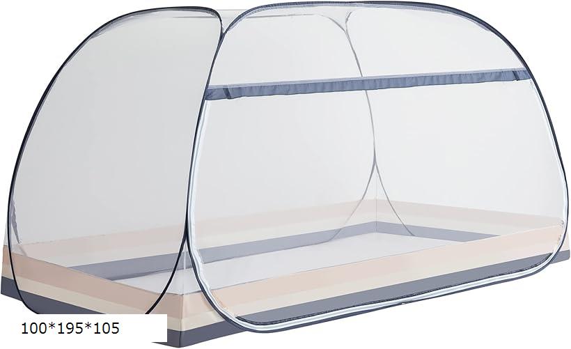 【楽天ランキング1位入賞】蚊帳 かや テント式 ワンタッチ 一人用 箱型の蚊帳 底生地付き 虫/蚊よけ ムカデ対策 密度が高い 持ち運べる 組み立て簡単 収納便利 収納袋付 野外キャンプ 旅行(ホワイト、ブルー, 100x195x105)