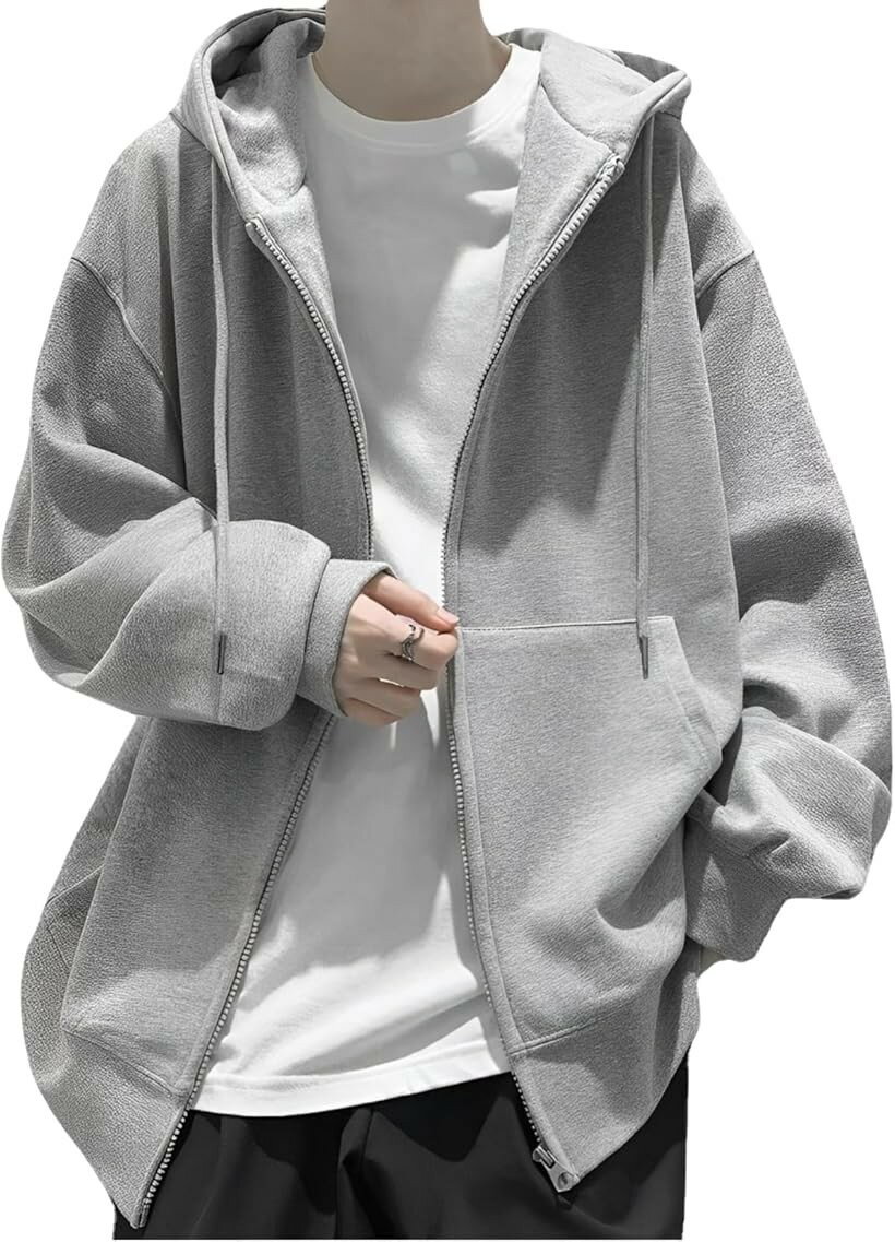 エンプティオ スタイリッシュ アウトドア ファスナー スエット 前開き メンズ パーカー 大きいサイズ フルジップ ジップアップ 長袖 オシャレ オーバーサイズ ロング スポーツ カジュアル シンプル フード付き (もこもこグレー, L)