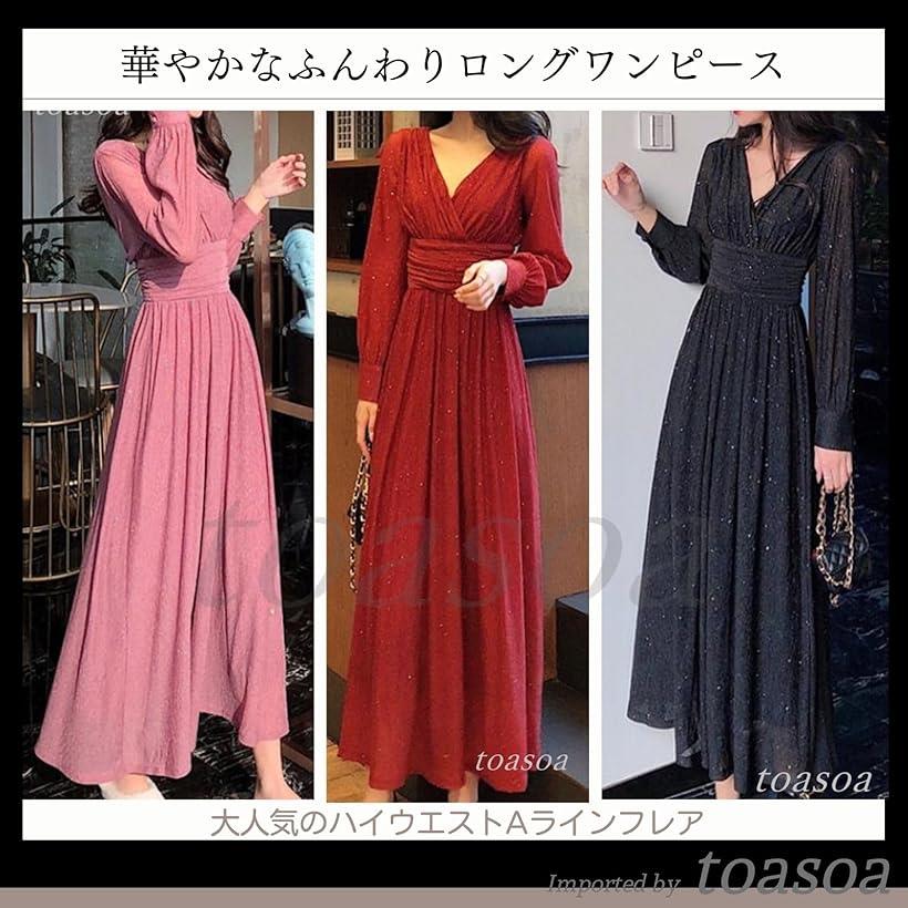 ワンピース レディース きれいめ ロング シフォン 楊柳 ラメ 01 - 赤(レッド, M)